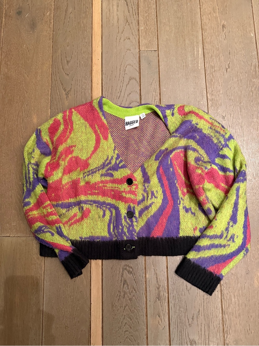 The Ragged Priest Multicolor Swirl V‑Neck Cardigan — Size S